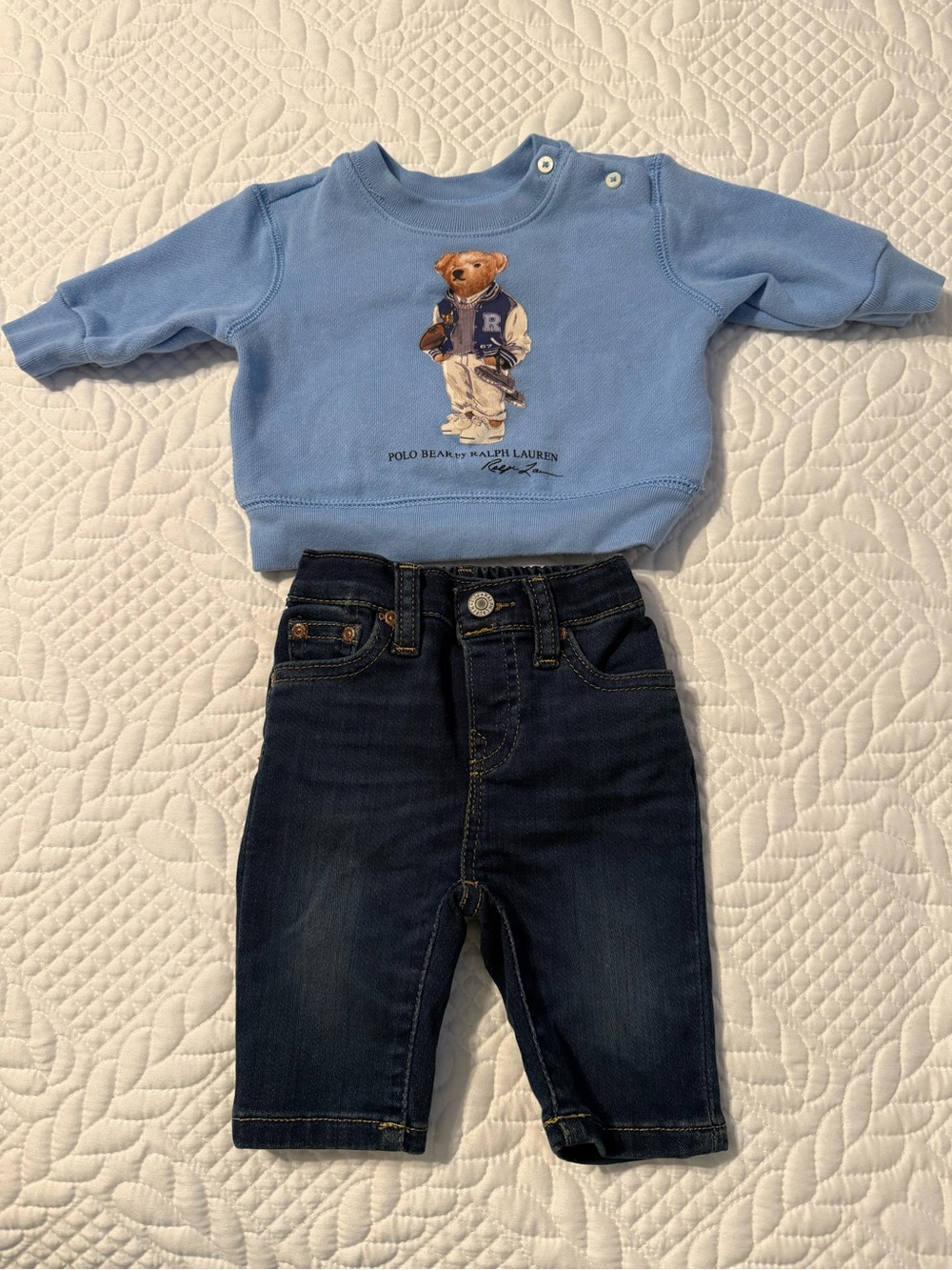 Ralph Lauren Light Blue Polo Bear Sweatshirt with Dark Denim Kids Jeans 3 months
